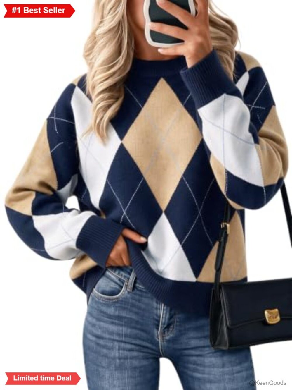 Argyle Plaid Knit Pullover Sweater Crew Neck Long Sleeve Preppy